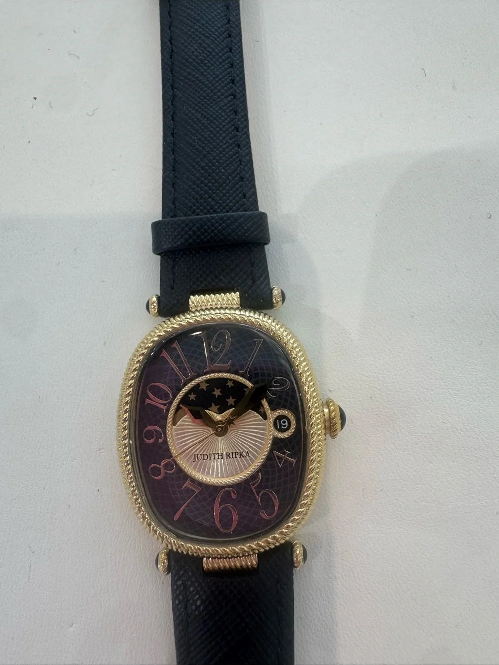 New Judith Ripka Classics Gold-Tone Moon Phase Oval Watch w/ Black Leather Strap